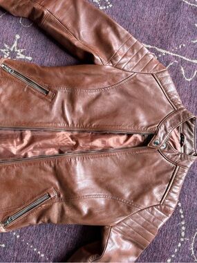 Women's Brown Leather Moto Jacket - Classic Zip Front